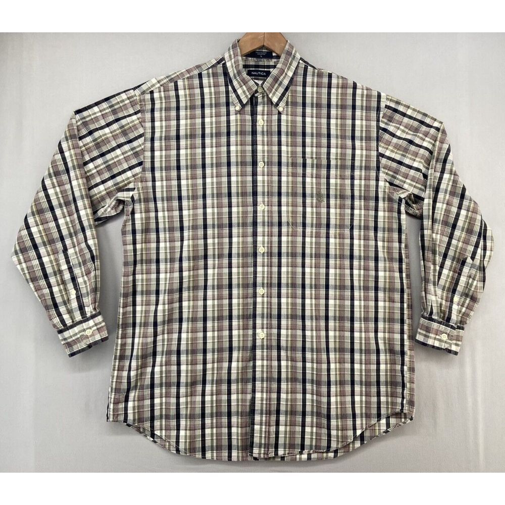 Mens Nautica Button‎ Up Shirt LARGE Long Sleeve Brown Black Maroon Casual Career
